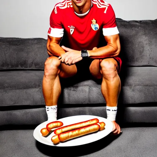 Image similar to a promo portrait of cristiano ronaldo in a sofa, holding a plate of hot dogs to the camera,