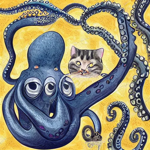 Image similar to octopus and cats taking a selfie together, photorealistic