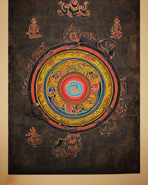 Image similar to a Thangka mandala painting and Tibetan calligraphy on Dark paper, old grunge and rotten paper, antique burnt edges, Tarot card, Tibetan text script, Tibetan manuscript, ultra realistic, sharp focus, symmetric, 8k high definition, insanely detailed, intricate, elegant, Hajime Sorayama, Octane render, unreal engine,