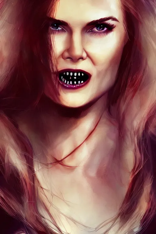 Image similar to mix of beautiful young maria shriver, mariel hemmingway, brooke shields, nicole kidman and elle macpherson as a vampire with mouth open with sharp teeth, thin lips, hair tied up in a pony tail, dark blonde hair, colorful, artstation, cgsociety