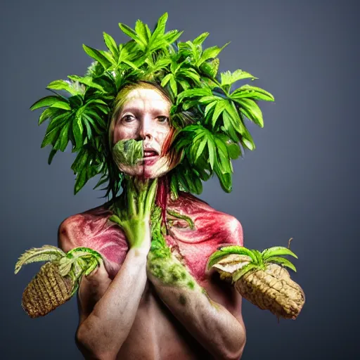 Prompt: a photo of a human with skin made of plants