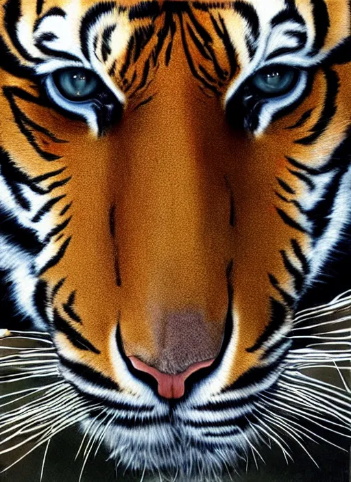 Image similar to a colour photo of a tiger, a photorealistic painting by christian w. staudinger, behance, hyperrealism, hyper realism, majestic, wallpaper