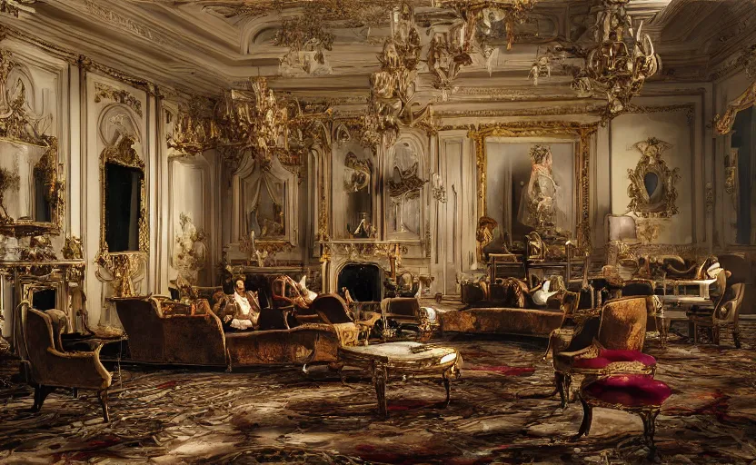 Prompt: realist rococo painting of a 1 9 2 0 s grand party in a beautiful mansion, many partygoers, strong contrast, unreal engine, hyper realism, realistic shading, cinematic composition, realistic render, octane render, detailed textures, photorealistic, ultrawide shot, 3 5 mm film