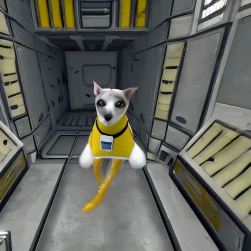 Prompt: A dog in Portal 2 shooting portals