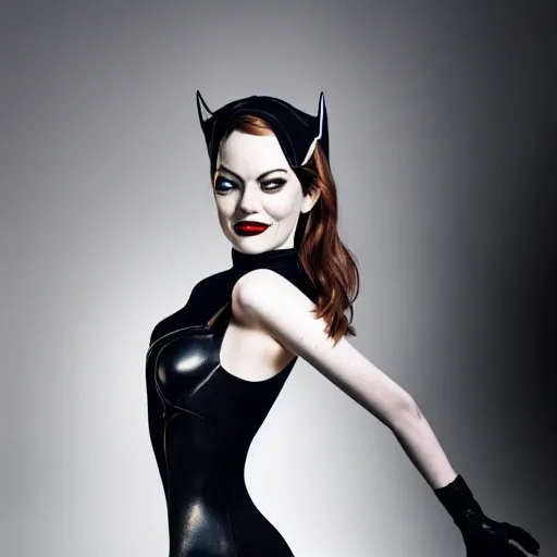 Image similar to Fully-clothed full-body portrait of Emma Stone as catwoman, XF IQ4, 50mm, F1.4, studio lighting, professional,