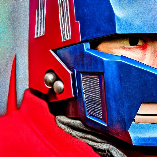 Prompt: A man dressed as Optimus prime, 8k, digital photograph