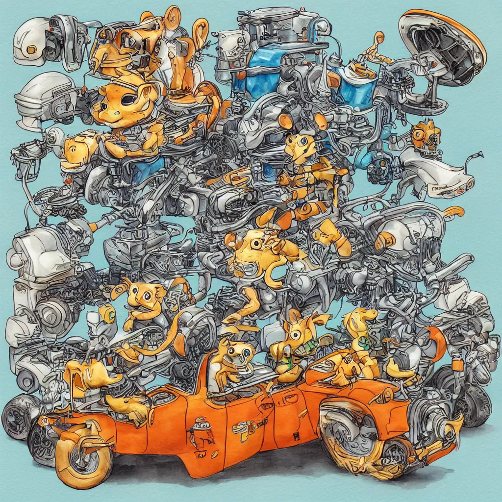 Image similar to cute and funny, squirrel wearing a helmet riding in a hot rod with oversized engine, ratfink style by ed roth, centered award winning watercolor pen illustration, isometric illustration by chihiro iwasaki, edited by range murata, tiny details by artgerm and watercolor girl, symmetrically isometrically centered, sharply focused