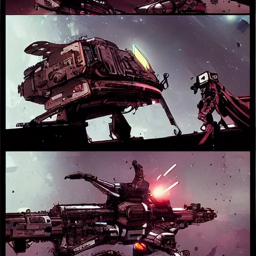 Image similar to the spacebattle, industrial scifi, cyberpunk, in the style of Ashley Wood and Moebius