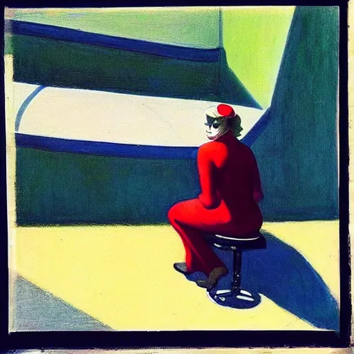 Prompt: “ edward hopper ’ s sad clown in the pose of stanczyk ”