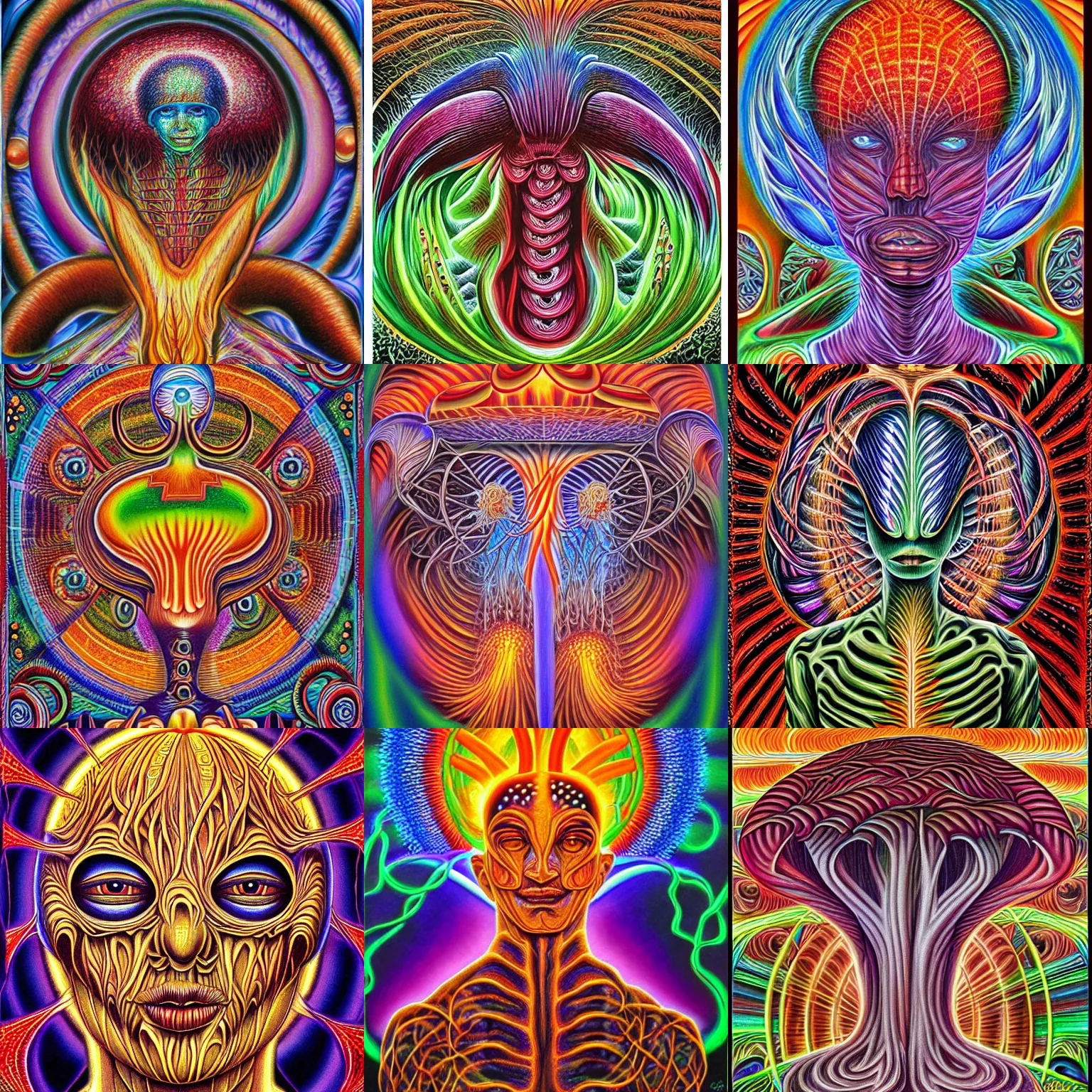 Prompt: mushroom god by Alex Grey