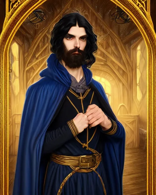 Prompt: handsome male wizard in a tavern, long black hair blue eyes young face wearing cloth mantle gothic navy cloak with gold details, tree town, fantasy character portrait, ultra realistic, intricate, elegant, cinematic lighting, highly detailed, digital painting, artstation, smooth, sharp, focus, illustration, art by artgerm and greg rutkowski and alphonse mucha