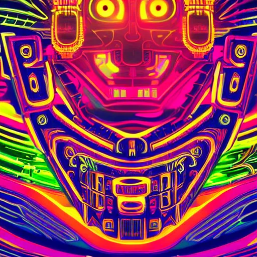 Image similar to hyperdetailed portrait of a spaced out cyberpunk aztec futurism robot head, 8 k, symetrical, flourescent colors, halluzinogenic, meditative, multicolored vector art, black background