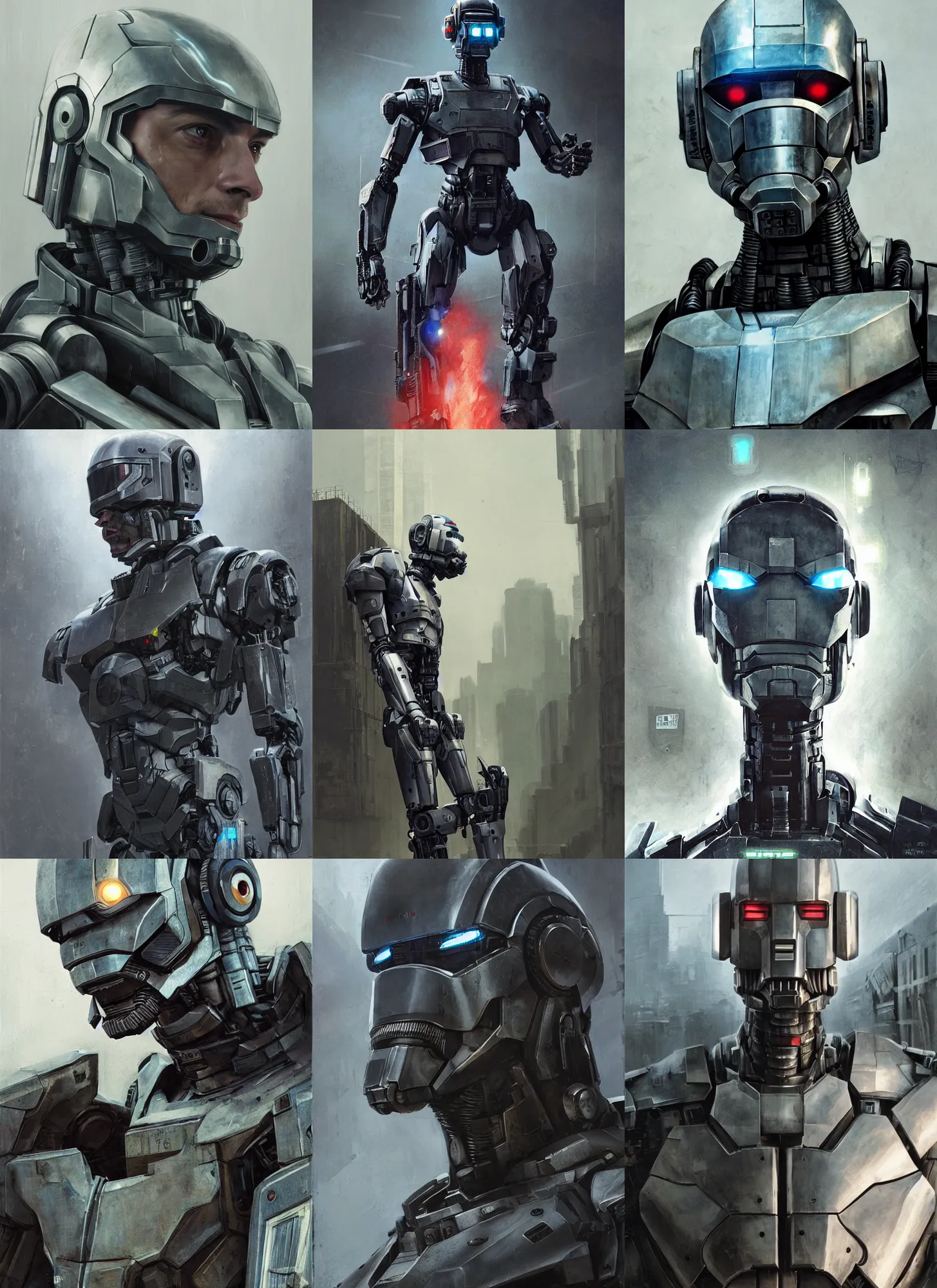 Prompt: portrait of joel kinnaman as chappie, mechanized police infantry, tactical, android, strogg, face of a man, robocop, cable, victor stone, ultron, officer, machine, scout police robot, symmetry, symmetrical, concept art by ruan jia and greg rutkowski