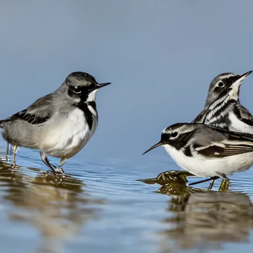 Image similar to three wagtails having a cool birthday party, photo, highly detailed