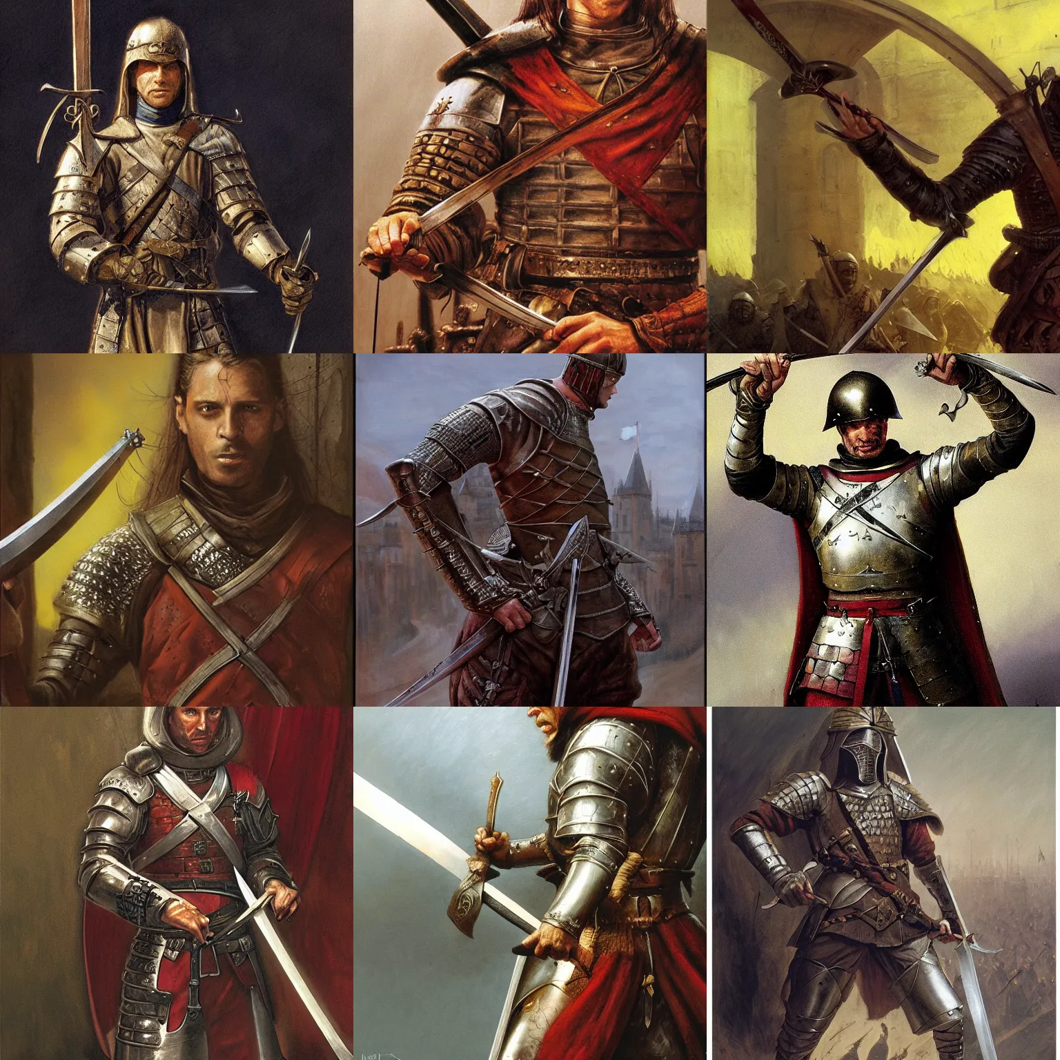 Prompt: medieval soldier holding sword with two hands, close - up, mtg, d & d, rutkowski, john howe, aleksi briclot