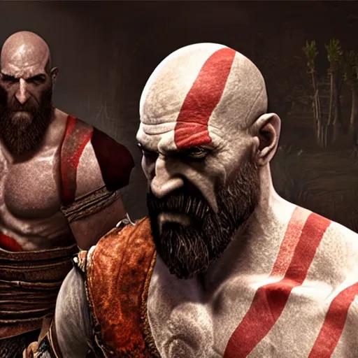 Prompt: screenshot of the game God of War with Kratos and walter white