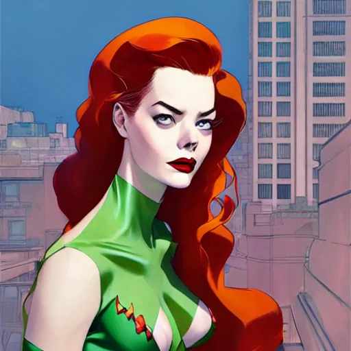 Image similar to joshua middleton, phil noto, artgerm, 1 9 5 0 s rockabilly emma stone poison ivy dc comics, pompadour, vines, symmetrical eyes, city rooftop