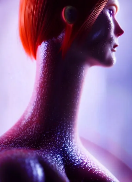 Image similar to an extremely detailed beautiful redhead scandinavian female humanoid with freckles, by loish, d & d, fantasy, cyber neon lighting, futurism, cyberpunk glossy latex suit, elegant profile posing, perfect anatomy, hyper photorealistic, digital photography, artstation, pinterest, concept art, art by pascal blanche and greg rutkowski,