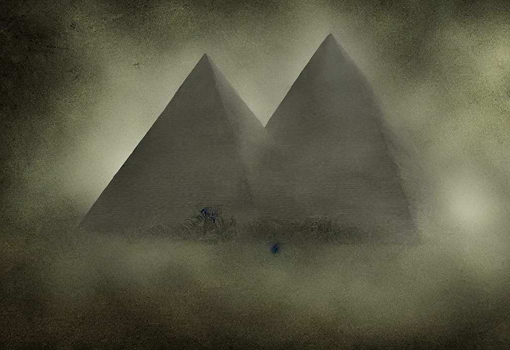 Image similar to a abandoned eerie pyramid in the jungle, dark, firefly, digital art,