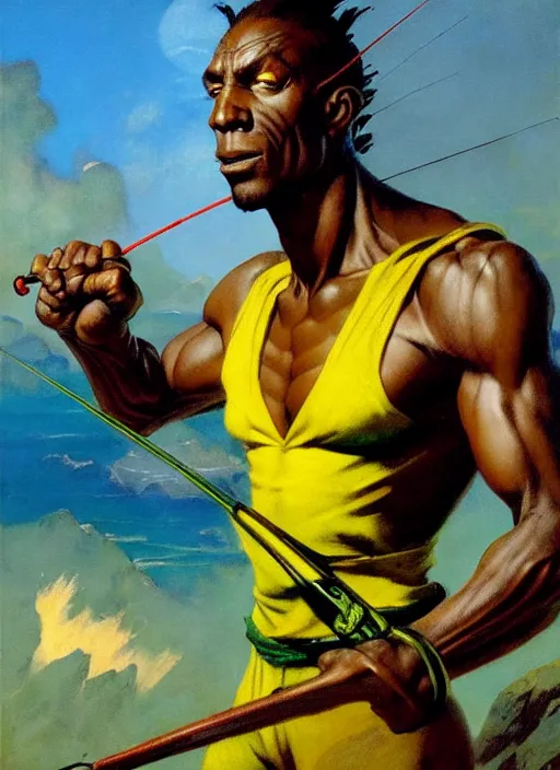 Image similar to magic : the gathering fantasy character concept art by frank frazetta and marco bucci, high resolution. a clear portrait of an athletic male jamaican, wearing yellow green calico clothing, holding a fishing rod, shores of jamaica in the background, symmetry, fantasy coloring, intricate, 8 k, digital painting, artstation, smooth, sharp focus