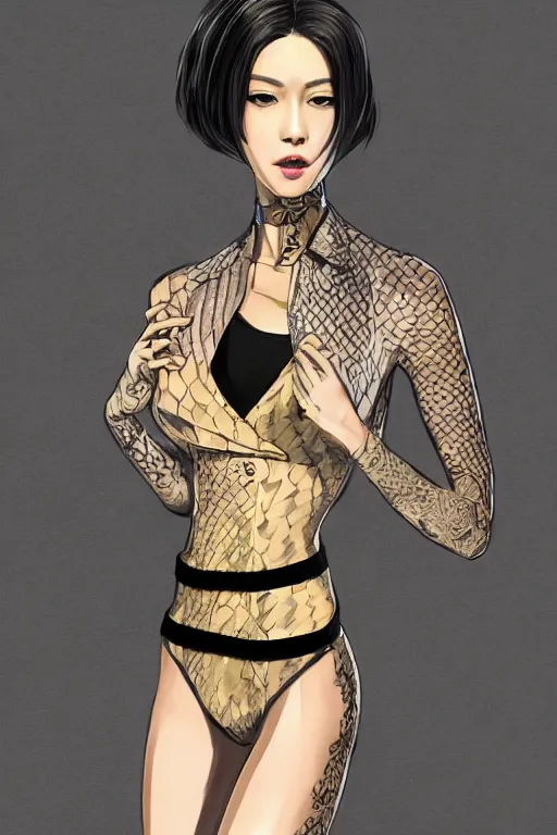 Image similar to yakuza slim girl, gold suit jacket in snake print, jacket over bare torso, yakuza tattoo on body, black short curtain haircut, black leather pants with black belt, portrait, elegant, 2d, ultra highly detailed, digital painting, smooth, sharp focus, artstation, art by Ilya Kuvshinov, rossdraws