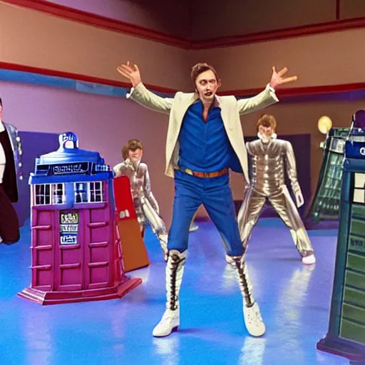Prompt: closeup promotional image of an David Tennant as Doctor Who at a polka dance-off contest at the YMCA basketball gym, around the gym cybermen and daleks and captain jack are clapping, in the background the Tardis door is wide open, frenetic, quirky, movie still, promotional image, imax 70 mm footage, 4K