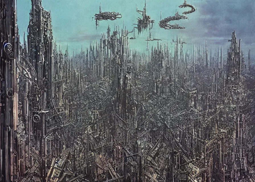 Prompt: dystopian metropolis, panoramic view, very complex architecture, ominous, dark, by bruce pennington, by philippe druillet, by dean ellis