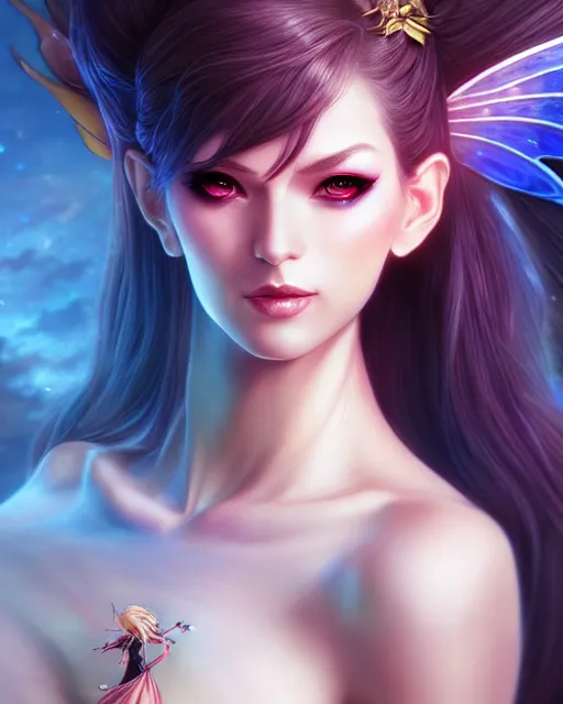 Image similar to 3 / 4 view of a woman with fairy wings, confident pose, pixie character, video game genshin impact, cell shaded anime intricate, elegant, sharp focus, illustration, highly detailed, concept art, matte, magali villeneuve, artgerm, anime, trending on artstation