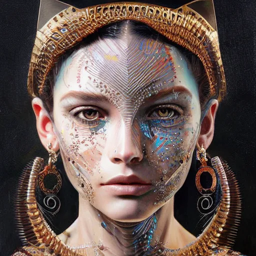 Prompt: a robotic goddess, jewelry skin, highly detailed, digital painting, smooth, sharp, beautiful face, expressive eyes, highly intricate, art by greg rutkowski and alex gray