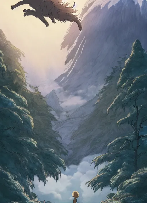 Image similar to the flim poster of a magical place around mountains and river, white spirit flying around the sky, miyazaki's animated film, ghibli studio, princess mononoke, 4 k, highly detailed, horizon view, cinematic composition, hyperdetailed,