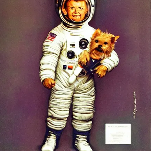 Prompt: A Yorkshire Terrier in a space suit, its face, smiling, clearly visible inside the helmet, art by Norman Rockwell, art by William Buguerau /imagine https://discord.com/channels/1002292111942635562/1005628033945837620/1006191040228753459