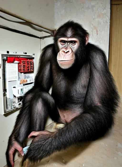 Image similar to uncanny hybrid human - ape, half human half ape inside fuse box in post communist apartment building