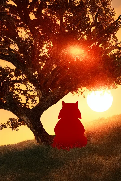 Prompt: a red creature near a tree on a hill at sunset, 4 k