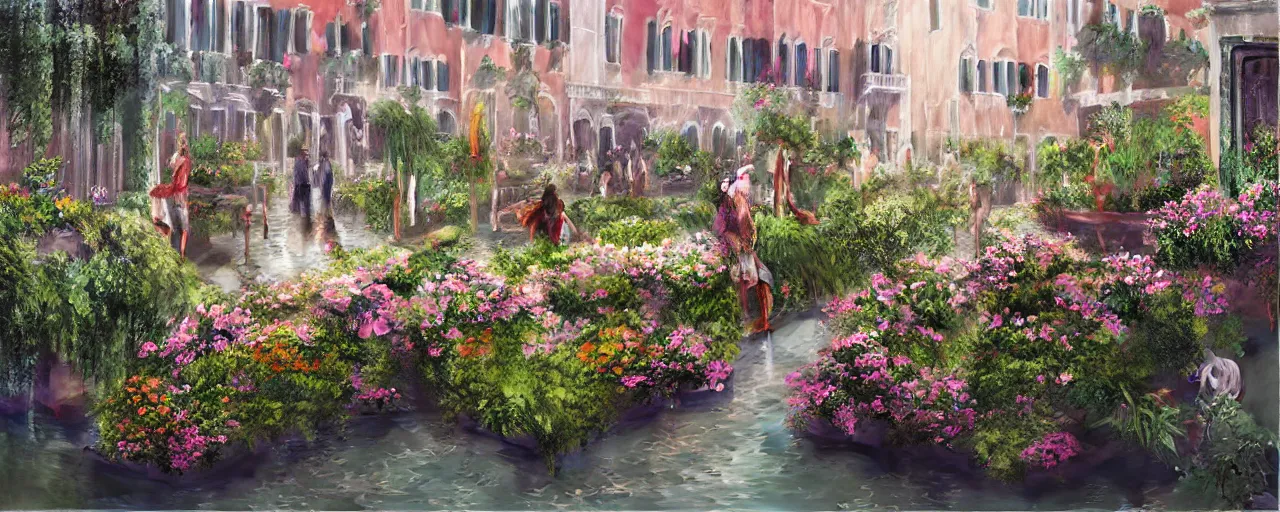 Prompt: rainy venice balcony gardens rooftop gardens flowers boats people dance wave vegetable, solarpunk, digital painting, volumetric lighting by feng zhu