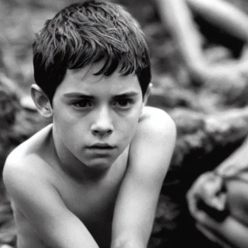 Prompt: logan lerman plays ralph in lord of the flies ( 1 9 6 3 ), 3 5 mm black and white, highly detailed, cinematic lighting