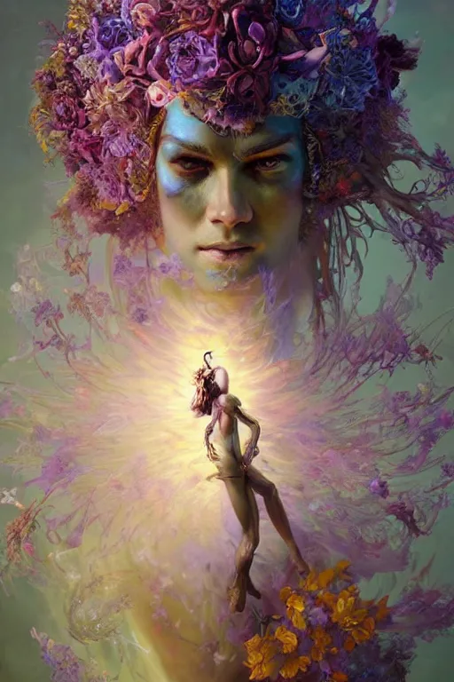 Prompt: beautiful model god of psychedelics dancing in a vortex made of flowers, diamonds, angel, fantasy, dramatic lighting, highly detailed, digital painting, holding electricity, magic the gathering, hyper detailed, 3 d render, hyper realistic detailed portrait, peter mohrbacher, wlop, ruan jia