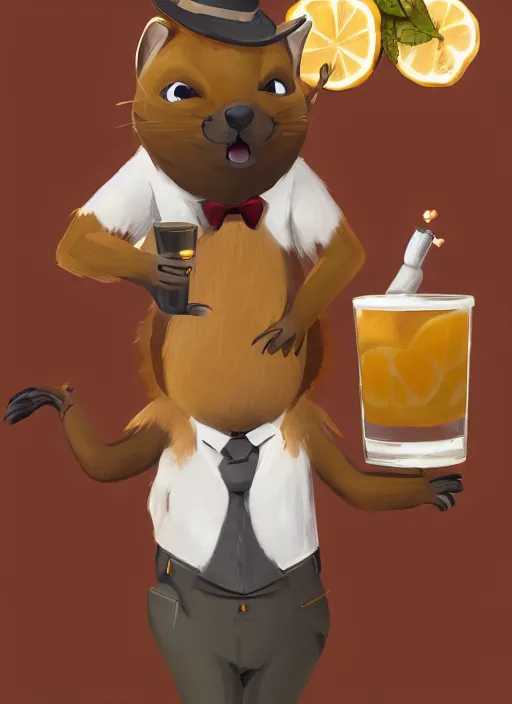 Image similar to squirrel anthro as a dapper bartender with a big fluffy tail, detailed painterly art style, 🐿🍸🍋, furaffinity, trending on artstation