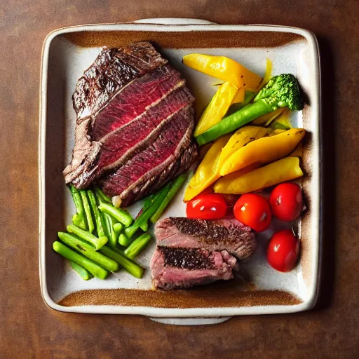 Image similar to steak dinner, large square white plate, vegetables, 4 k