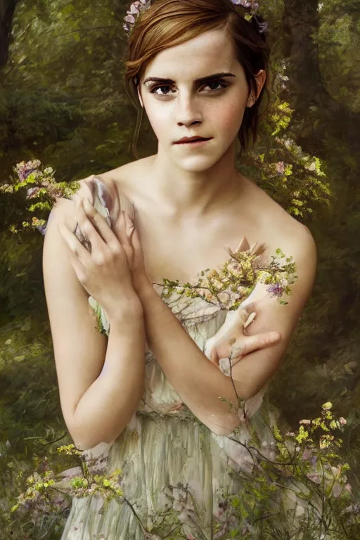 Image similar to Emma Watson as a beautiful forest nymph, oil on canvas, intricate, portrait, 8k highly professionally detailed, HDR, CGsociety