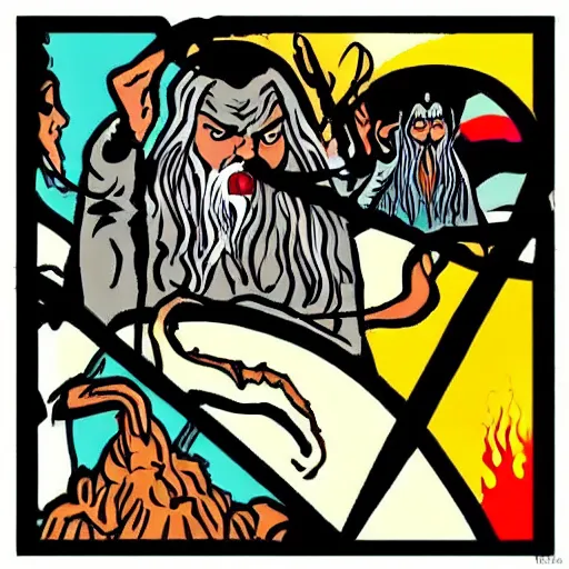 Image similar to a scene from lord of the rings, shamanic ritual run by gandalf, pop art