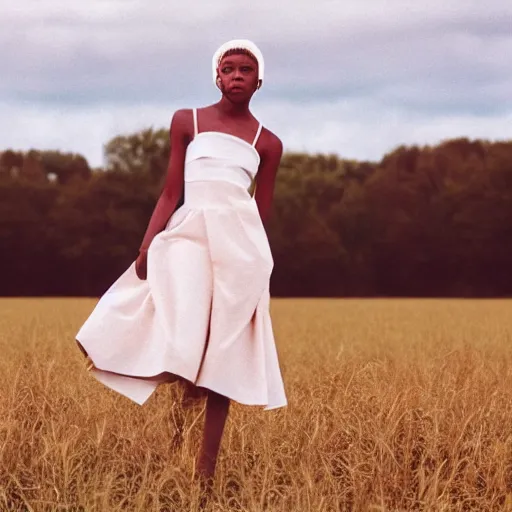 Image similar to realistic!!! photoshoot for a new dior lookbook, color film photography, portrait of a beautiful woman, location on a open field, in style of tyler mitchell, 35mm