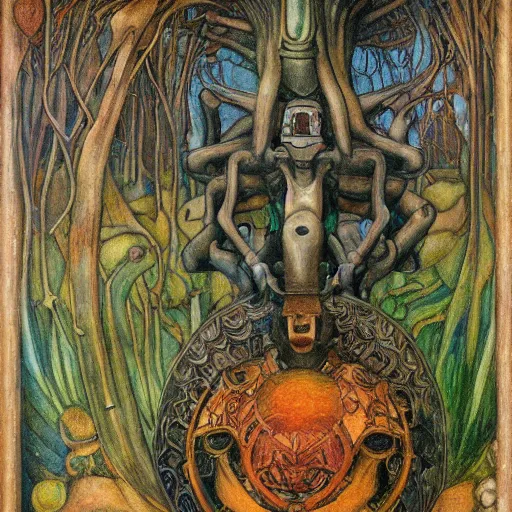 Image similar to robot seizes the forest crown, by Annie Swynnerton and Diego Rivera and Elihu Vedder, symbolist, dramatic lighting, elaborate geometric ornament, tattoos, Art Brut, soft cool colors,smooth, sharp focus, extremely detailed, Adolf Wölfli