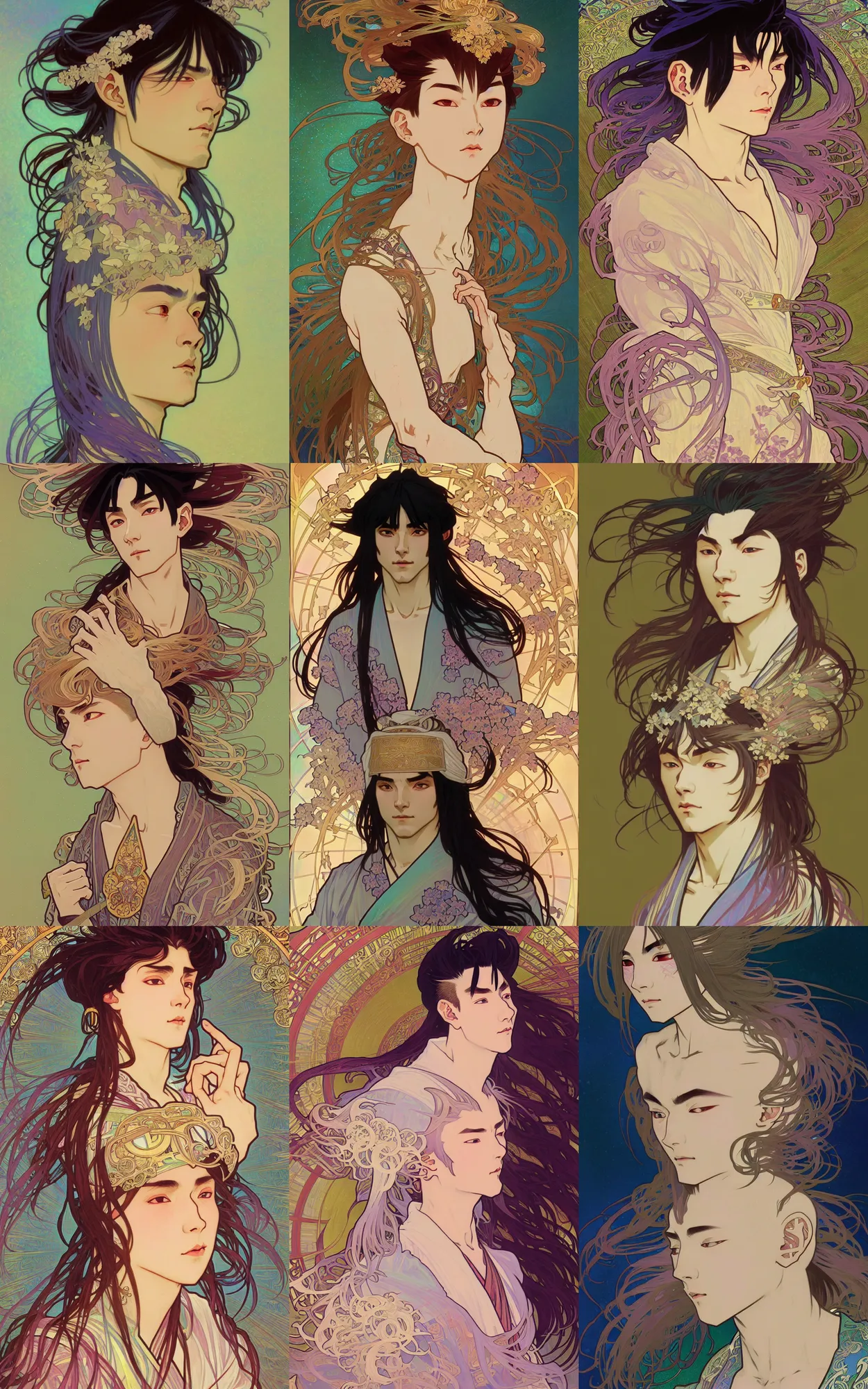 Prompt: digital concept art by nixeu and alphonse mucha, portrait of an androgynous man in a kimono, inuyasha, iridescent, long hair, cinematic lighting, intricate, elegant, hyper detailed, character concept, full body, dynamic pose, glowing dust, highly detailed, digital painting, artstation, smooth, sharp focus, illustration.