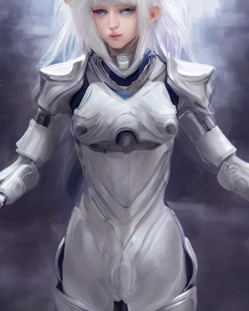 Image similar to perfect white haired girl, warframe armor, beautiful, dreamy, pretty face, blue eyes, portrait, detailed, scifi, utopian architecture in the background, laboratory, 4 k, ultra realistic, aura of light, cinematic, high detail, masterpiece, art by akihito tsukushi, akasuki brightmind