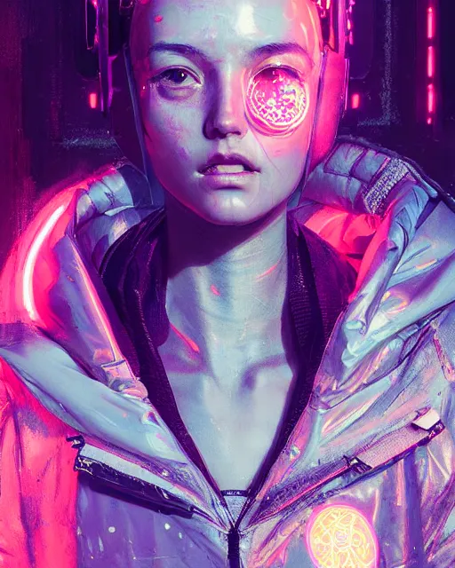 Image similar to detailed portrait Neon Operator Girl, cyberpunk futuristic neon, reflective puffy coat, decorated with traditional Japanese ornaments by Ismail inceoglu dragan bibin hans thoma greg rutkowski Alexandros Pyromallis Nekro Rene Maritte Illustrated, Perfect face, fine details, realistic shaded, fine-face, pretty face