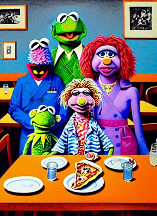 Prompt: hyper detailed painting of an muppet family in japanese clothes in an old italian restaurant eating flamingo pizza and drinking blue wine by Bel Fullana, Rhys Lee, Storm Thorgerson, and Danny Fox, neo expressionism art, semi naive, rich deep colors. Allison Schulnik painting, part by Adrian Ghenie and Gottfried Helnwein. art by Ron Mueck. masterpiece