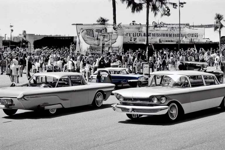 Image similar to realistic photo of a 1 9 6 0 s car show, highly detailed,