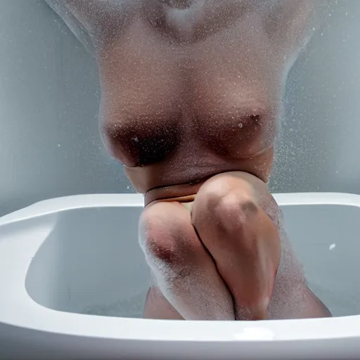 Image similar to of a person's belly sticking out of a bathtub