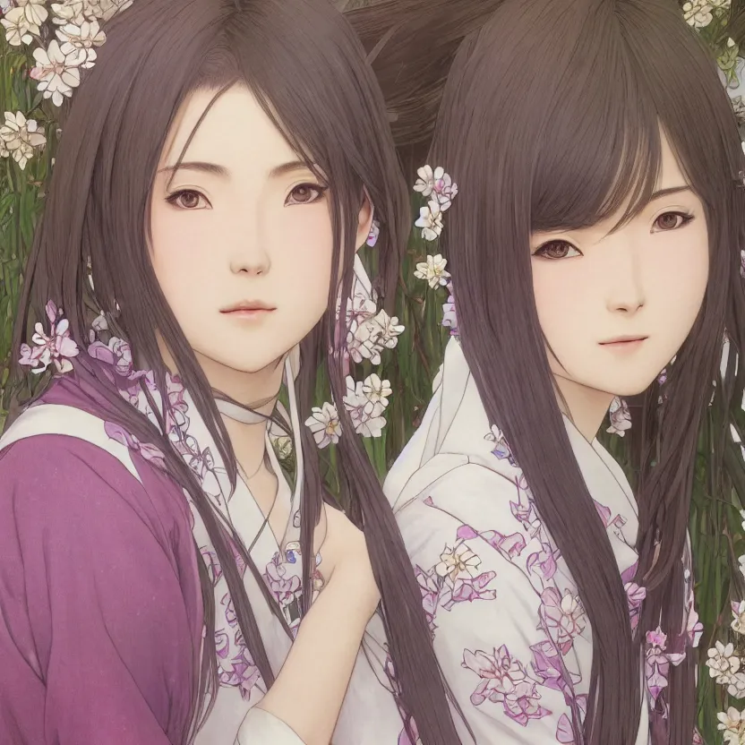 Image similar to portrait of a girl, sakura tree in background, yukata clothing, real faces, anime style, short hair, hair down, symmetrical facial features, from arknights, hyper realistic, 4 k, extreme detail, detailed drawing, trending on pixiv fanbox, realistic lighting, by alphonse mucha, greg rutkowski, sharp focus, backlit