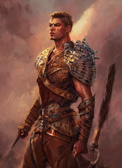 Image similar to a ultra realistic fantasy portrait painting of a male warrior, ultra detailed, art by ralph horsley, swanland, sabbas, dynamic lighting,. cinematic lighting